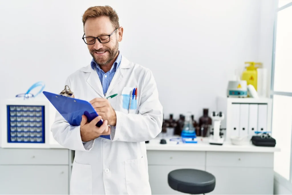 What Is Rheumatology? 8 Smiling doctor in a lab coat writing on a clipboard in a medical office.