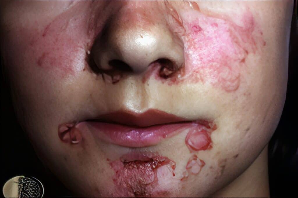 Exploring Systemic Autoimmune Diseases 4 Face with severe skin inflammation and lesions.
