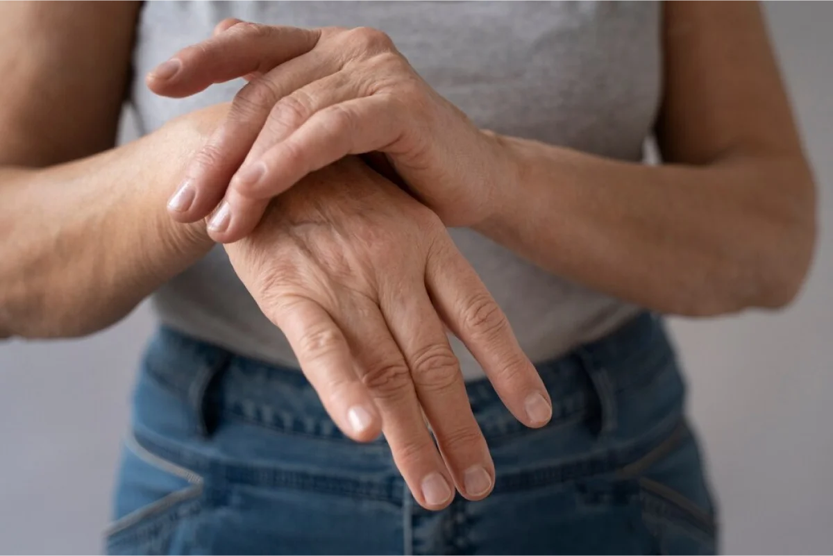 Dealing with Degenerative Arthritis 3 A woman holding her wrist with her opposite hand, suggesting wrist or hand joint discomfort, possibly arthritis.