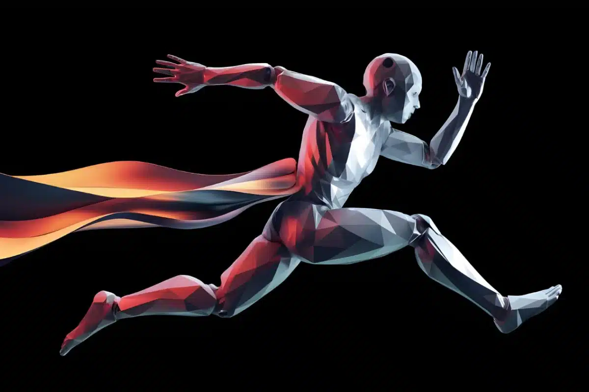 Wellness Services 3 Geometric figure of a runner with a flowing cape in a dark background.